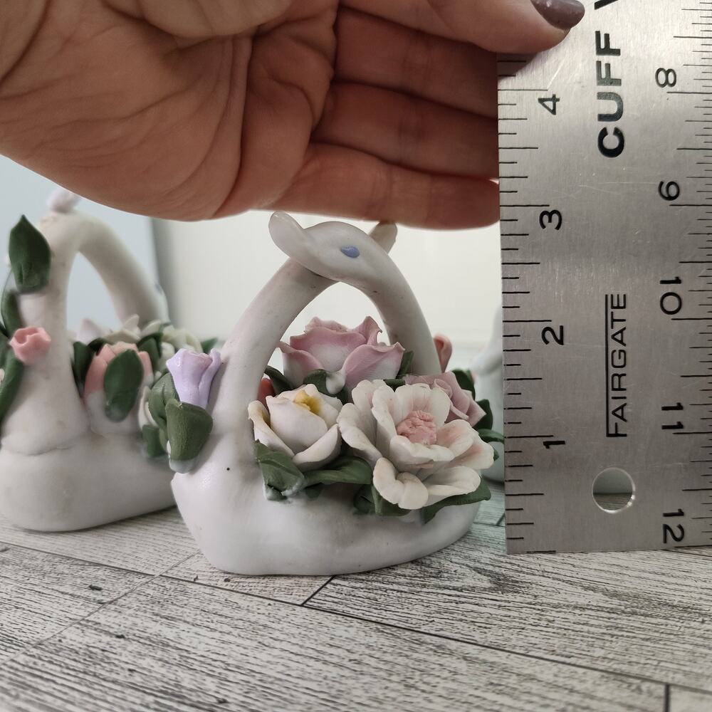 Set of 3 Floral Basket Ceramic Swan Figurines Table Decor Bridal Shower Accent - Picture 3 of 12
